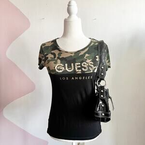Vintage Y2K‎ Guess Sequin Camo Top, 2000s Glam Clubwear Grunge McBling Medium